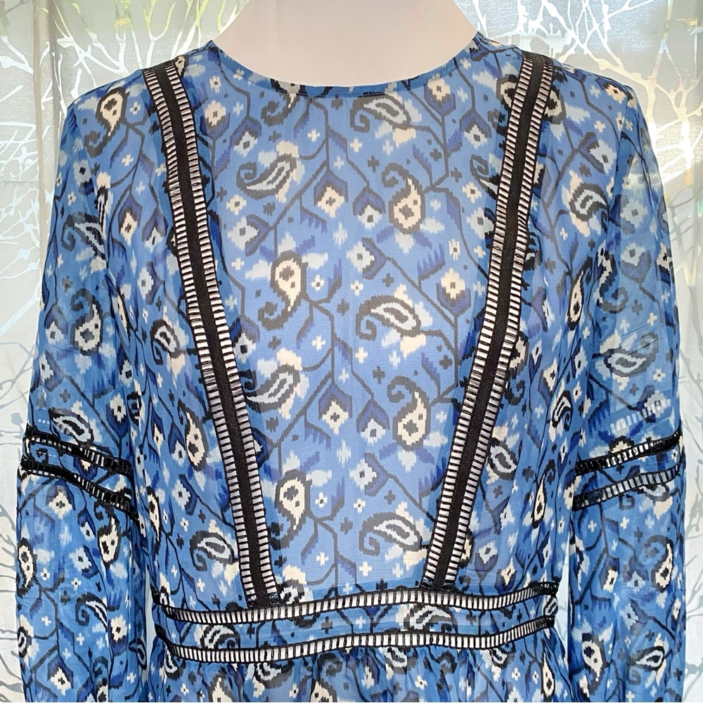 VERONICA BEARD BLUE WHITE CABO BOHO PAISLEY SHEER SILK BLOUSE LONG SLEEVE TOP - Picture 7 of 14